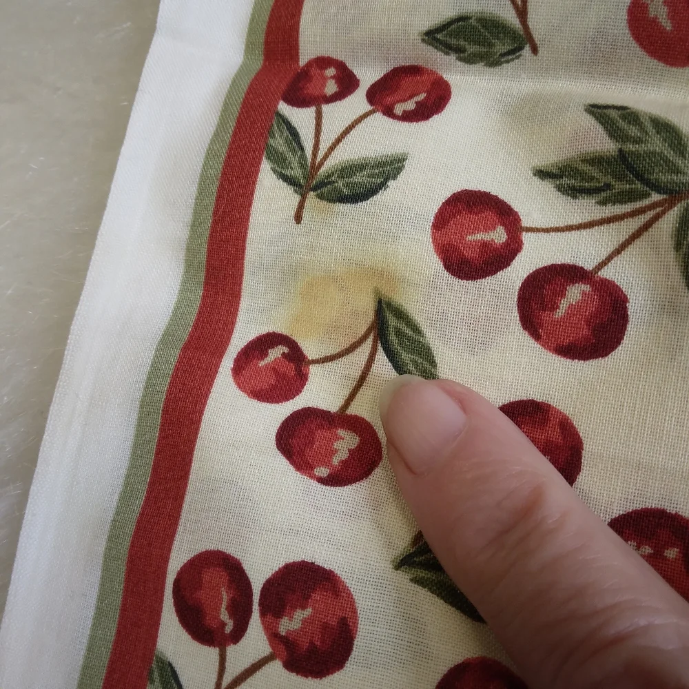 FABRIC PILLOW PANELS with border, 3 Cherry Baskets, 3 Teapots